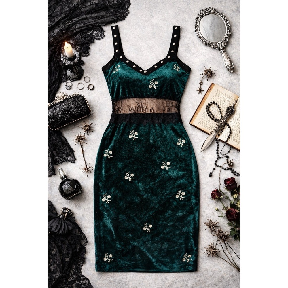ZARA Trafaluc Velvet Lace Dress L Green Embroidered Studded Goth Slip Y2K Midi‎